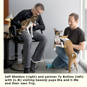two men and three dogs