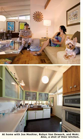 At home with Joe Moshier, Robyn Van Dewark, and Moki. Also, a shot of their kitchen