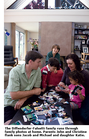 family looking at photographs at a table
